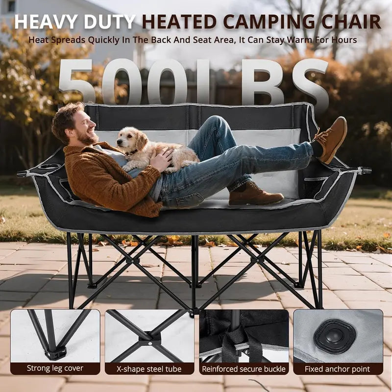 Free Express Shipping – Heated Double Folding Camping Chair, Portable Heated Double-Seater Sofa