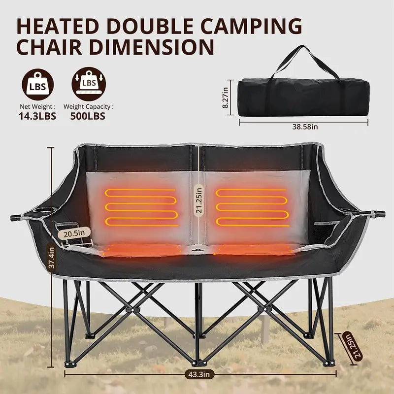Free Express Shipping – Heated Double Folding Camping Chair, Portable Heated Double-Seater Sofa